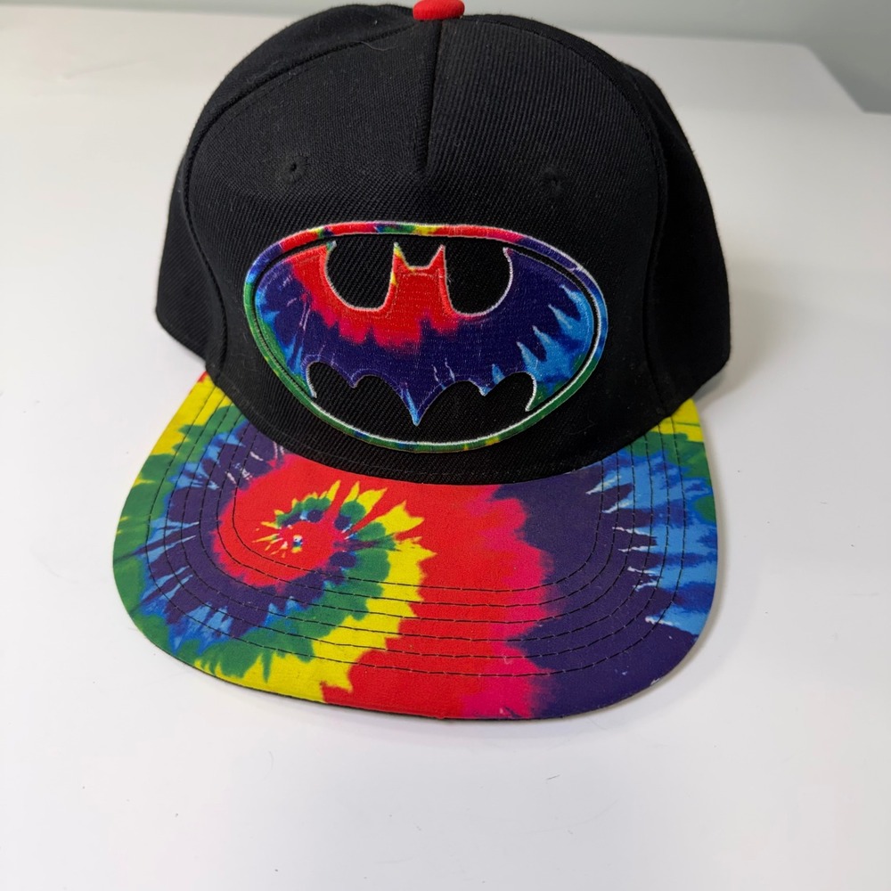 DC Comics Batman Snapback Hat Black Tie Dye Flat Brim Adjustable Cap Retro Logo
